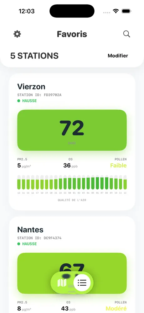 Écran Favoris listant les stations enregistrées : Vierzon à 72 avec PM2,5, ozone et pollen en dessous, puis Nantes à 67.