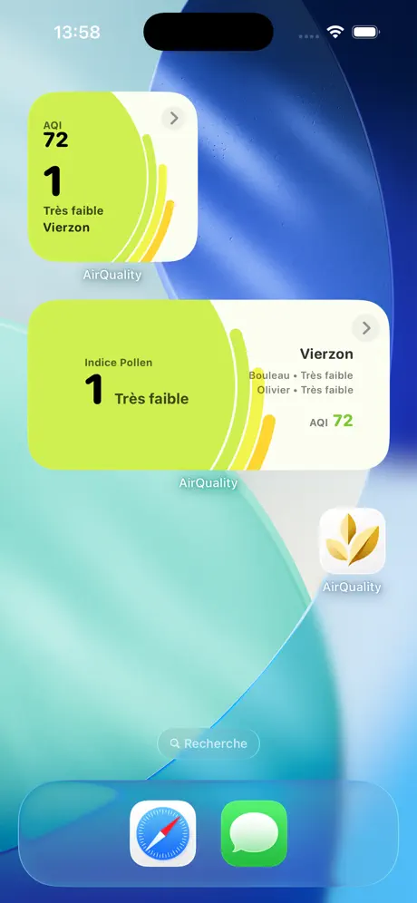 Écran d'accueil d'iPhone avec les widgets Air Quality : indice 72 pour Vierzon et indice pollinique 1, très faible.