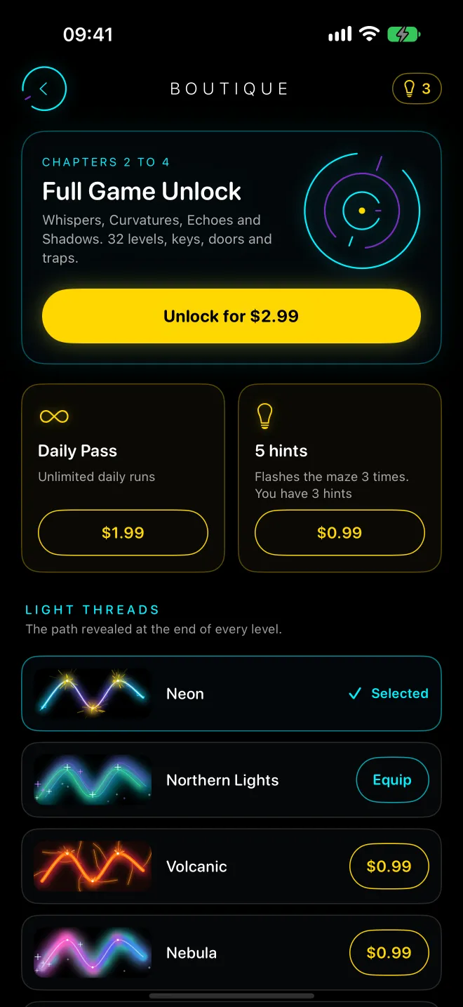 Boutique: Full Game Unlock for chapters 2 to 4, the Daily Pass and a pack of 5 hints, then the light threads: Neon selected, Northern Lights, Volcanic and Nebula.