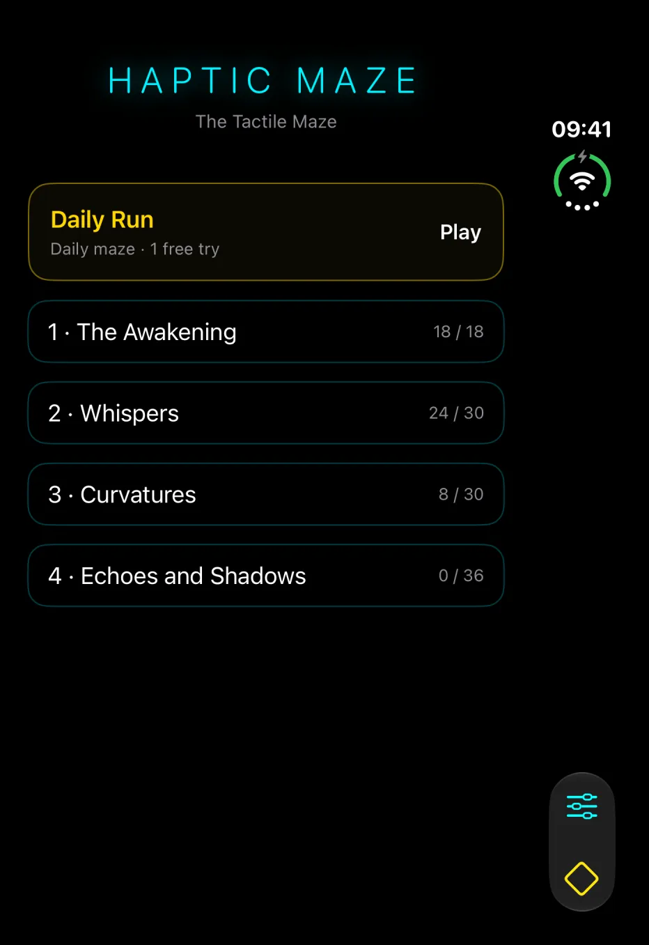 Haptic Maze on an unfolded iPhone Duo: the chapter list, with Settings and Boutique in the system bar along the right edge.