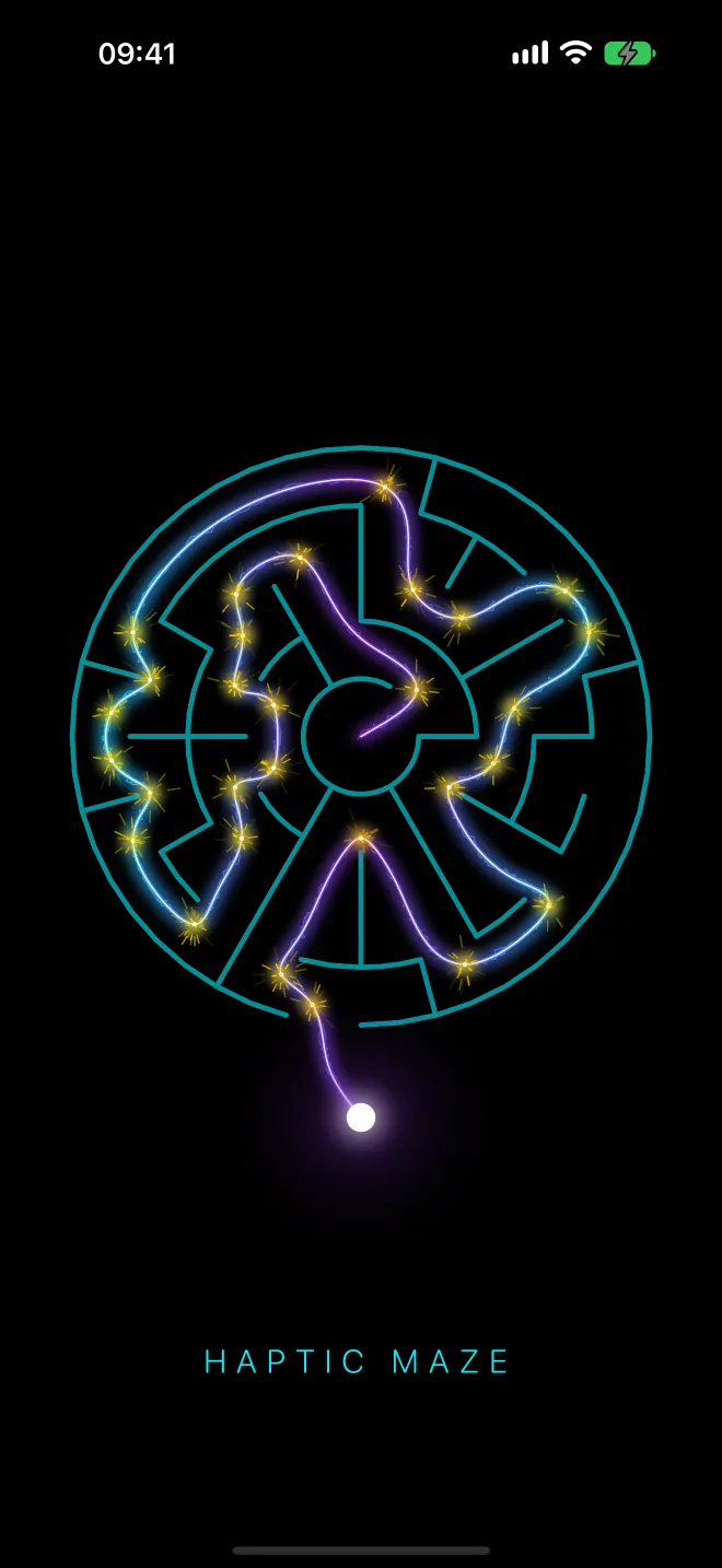 Haptic Maze launch screen: a circular maze in teal lines, a glowing cyan and violet thread winding through it with golden sparks, and a white dot at the entrance.