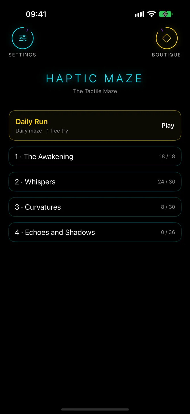 Home screen: Settings and Boutique buttons, the HAPTIC MAZE title, the Daily Run card and the four chapters with their stars: The Awakening 18/18, Whispers 24/30, Curvatures 8/30, Echoes and Shadows 0/36.