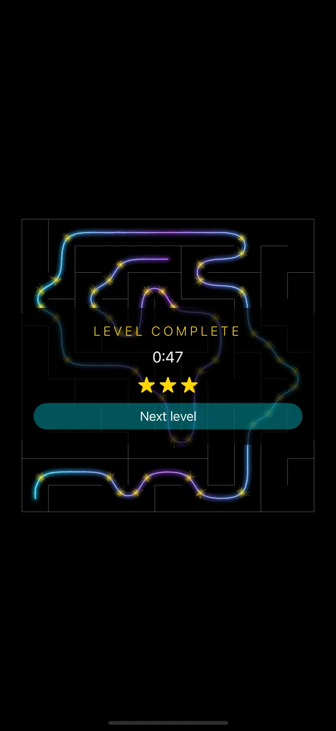 End of a level: a square maze with the player's path lit as a cyan and violet thread, sparks at every turn, and the card “Level complete”, 0:47, three stars and Next level.