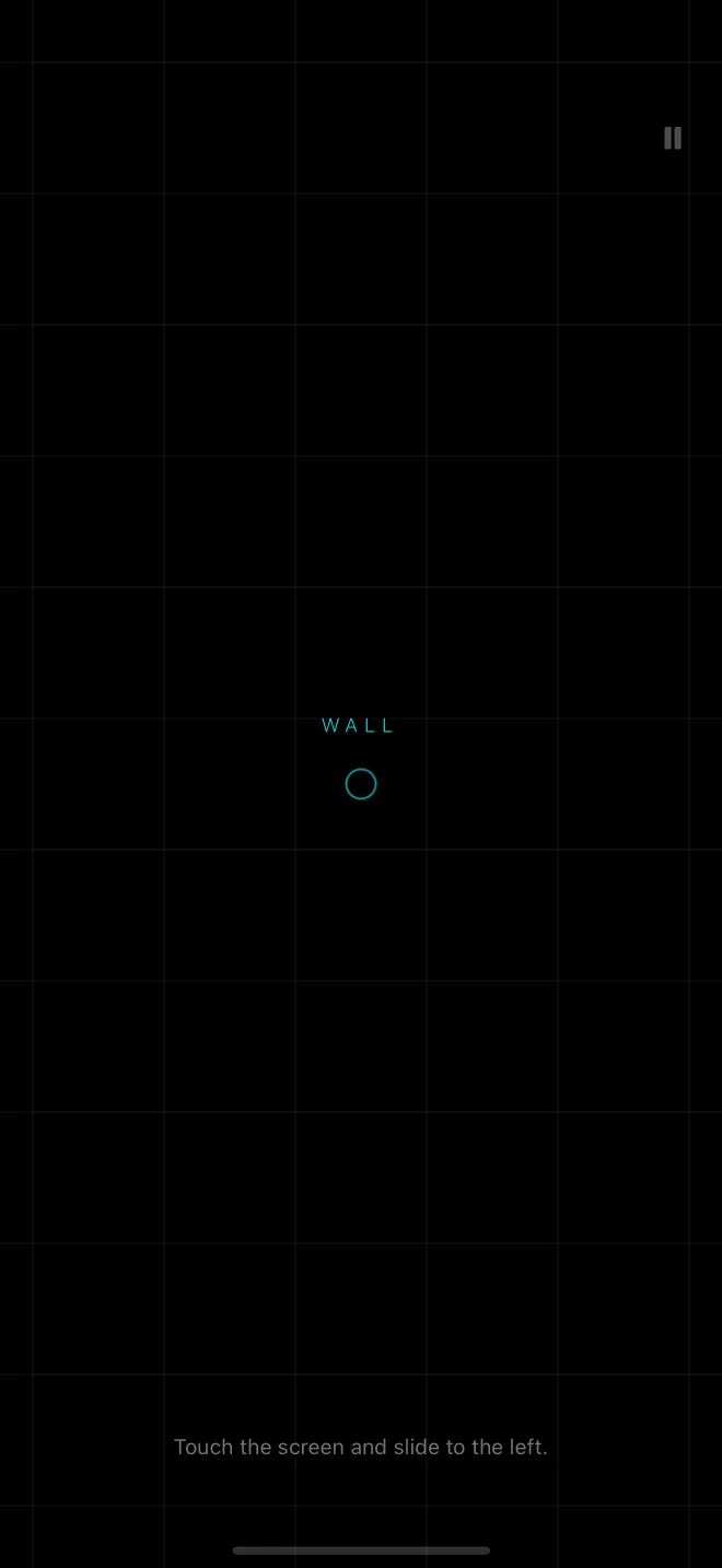 The tutorial: a black screen with a faint grid, a small ring where the player stands, the word WALL flashing above it and the instruction “Touch the screen and slide to the left.”