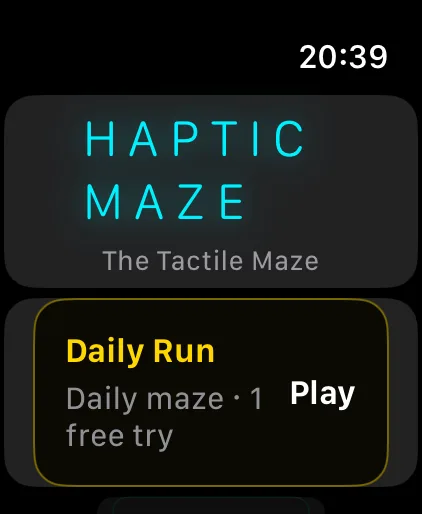Haptic Maze on Apple Watch: the HAPTIC MAZE title and the Daily Run card.