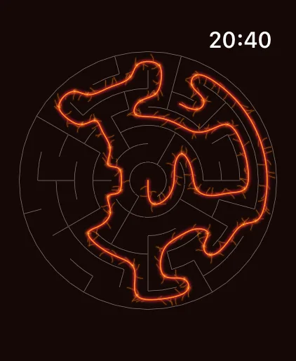 A circular maze revealed in the Volcanic thread on Apple Watch.