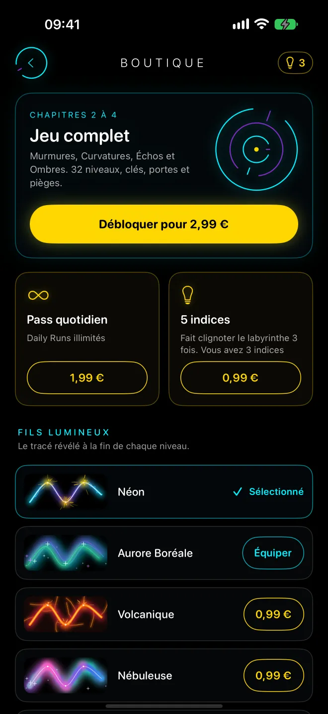 Boutique : le jeu complet pour les chapitres 2 à 4, le Pass quotidien et un lot de 5 indices, puis les fils lumineux : Néon sélectionné, Aurore Boréale, Volcanique et Nébuleuse.