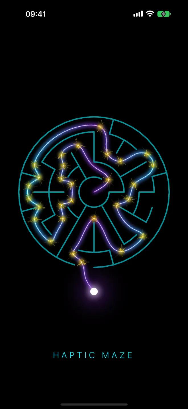 Écran de lancement de Haptic Maze : un labyrinthe circulaire aux lignes turquoise, traversé par un fil lumineux cyan et violet aux étincelles dorées, et un point blanc à l'entrée.