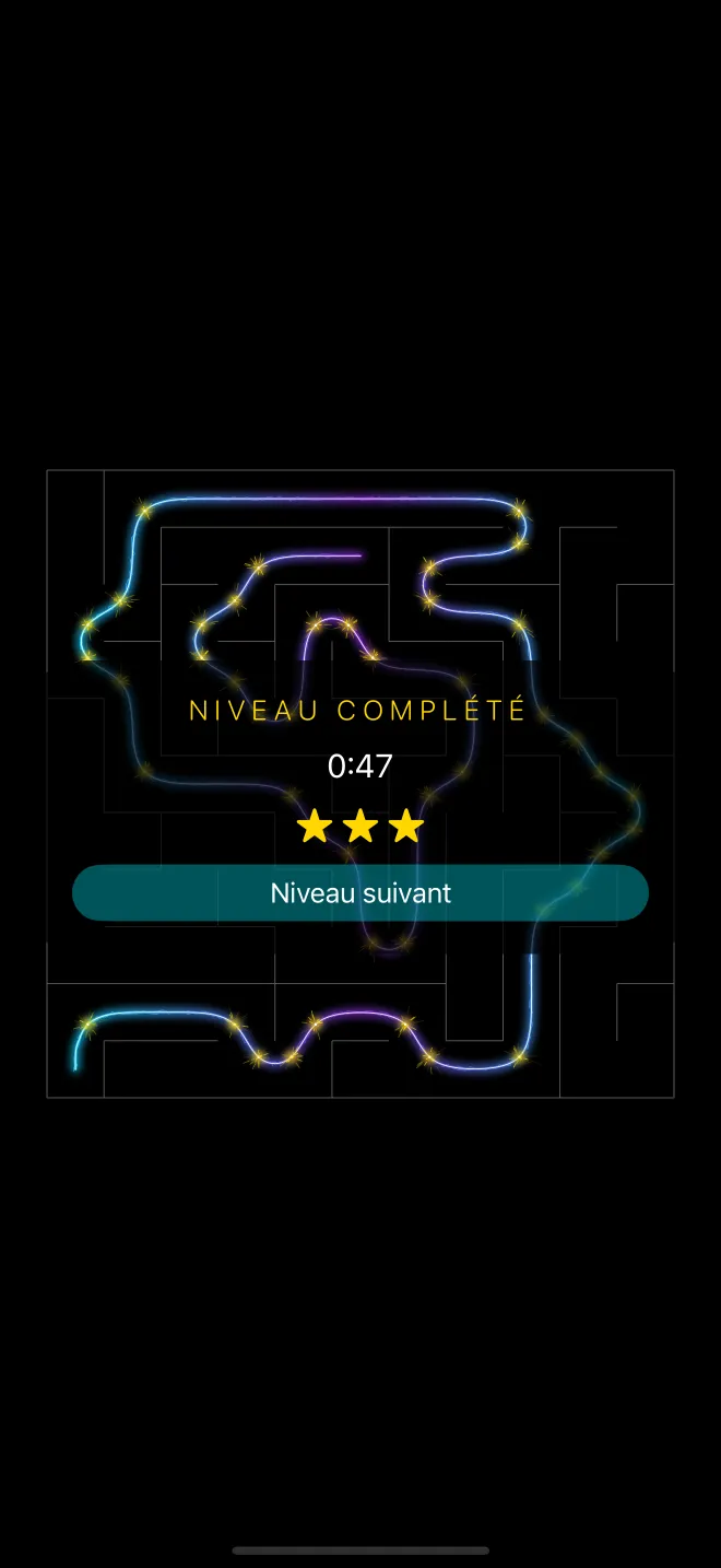 Fin d'un niveau : un labyrinthe carré dont le chemin s'illumine en un fil cyan et violet, des étincelles à chaque virage, et la carte « Niveau complété », 0:47, trois étoiles et Niveau suivant.