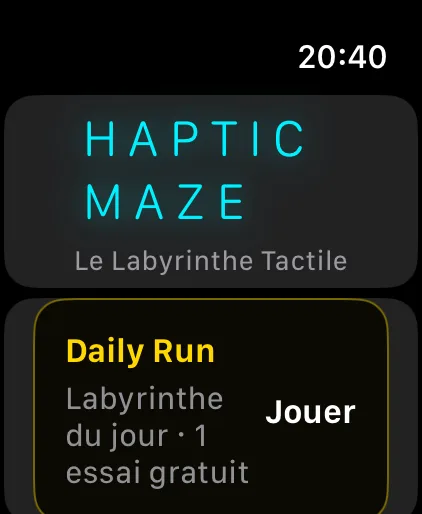 Haptic Maze sur Apple Watch : le titre HAPTIC MAZE et la carte Daily Run.