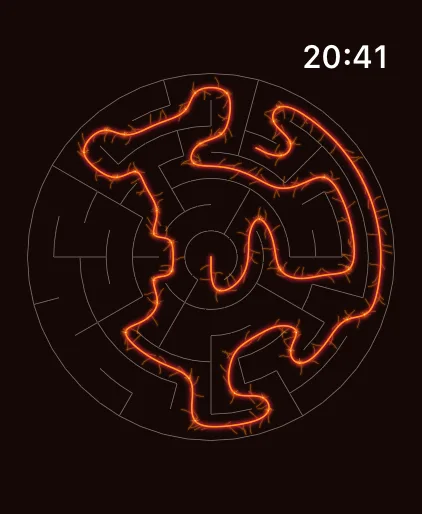 Un labyrinthe circulaire révélé avec le fil Volcanique sur Apple Watch.