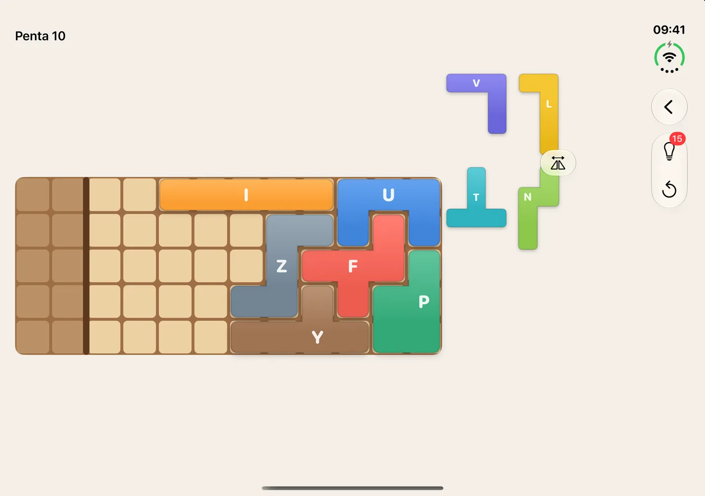 Katamino on an unfolded iPhone Duo: the Penta 10 board on the left, the pieces still to place on the right.