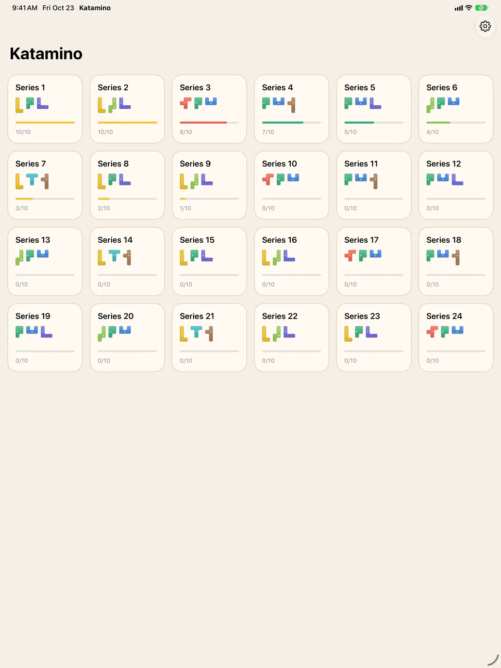 Katamino on iPad: all 24 series cards in a grid of six columns.