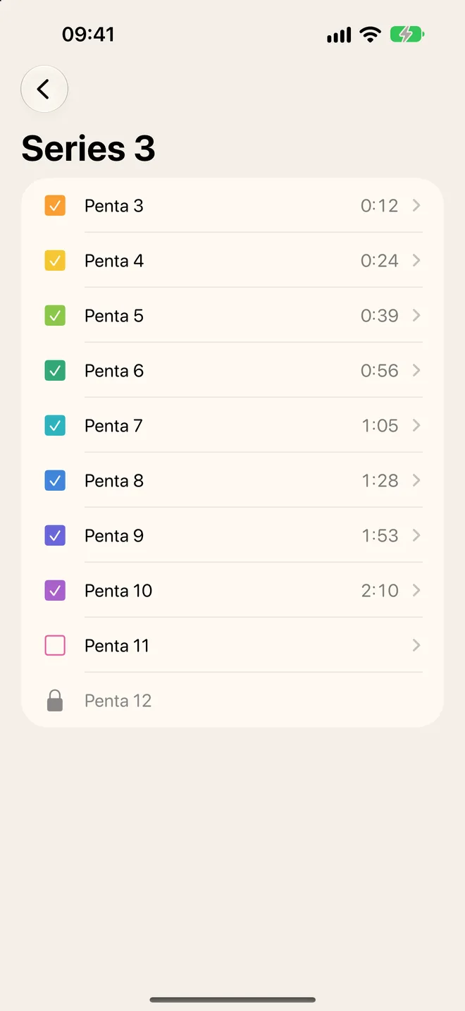 Series 3: Penta 3 to Penta 10 ticked with their best times, Penta 11 open and Penta 12 locked.