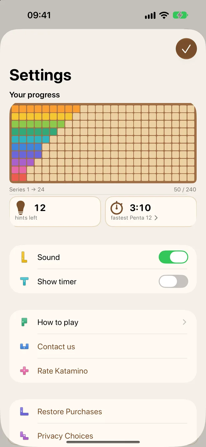 Settings: a wooden progress board with 50 of 240 squares lit, 12 hints left and a fastest time of 3:10, then the Sound and Show timer switches.