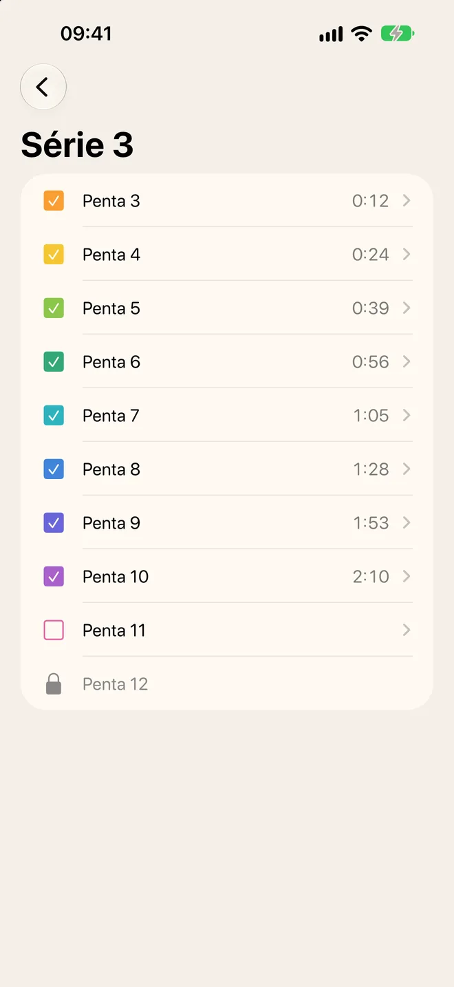 Série 3 : les Penta 3 à 10 cochés avec leurs meilleurs temps, le Penta 11 ouvert et le Penta 12 verrouillé.