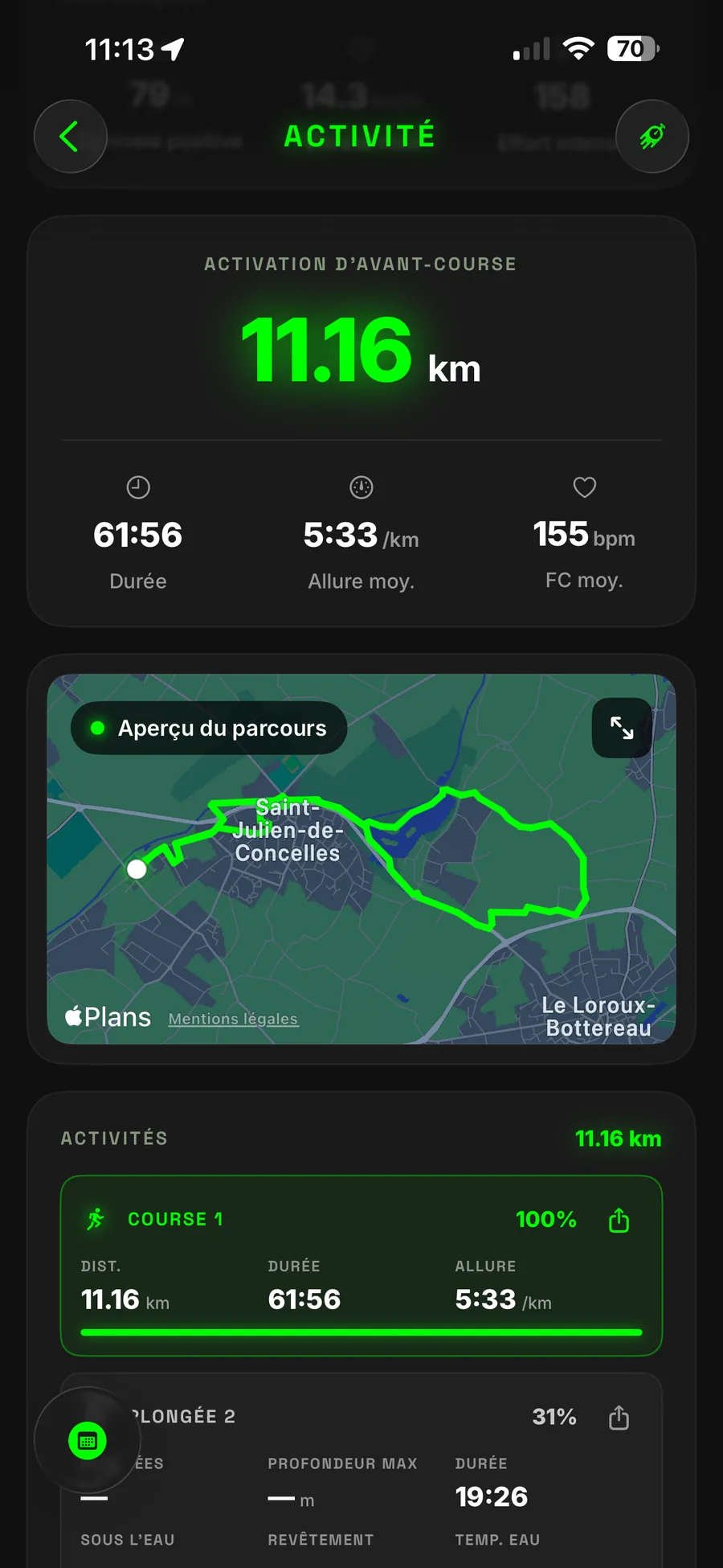Pacer activity detail: an 11.16 km run with duration, average pace and heart rate, the route on a map, and the matched session at 100%.