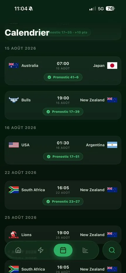 RugbyTracker — Calendar screen listing fixtures by date