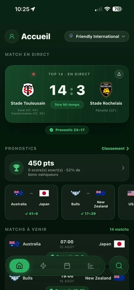 RugbyTracker — Home screen showing a live match, your prediction and upcoming fixtures