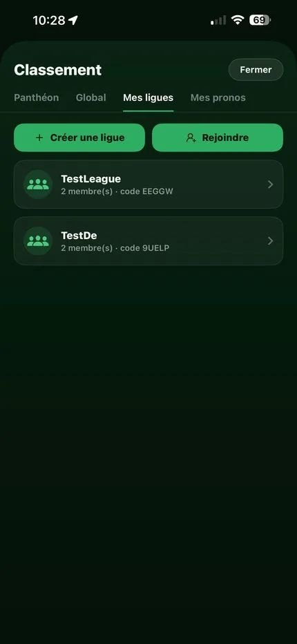 RugbyTracker — Private leagues screen showing a league and its join code