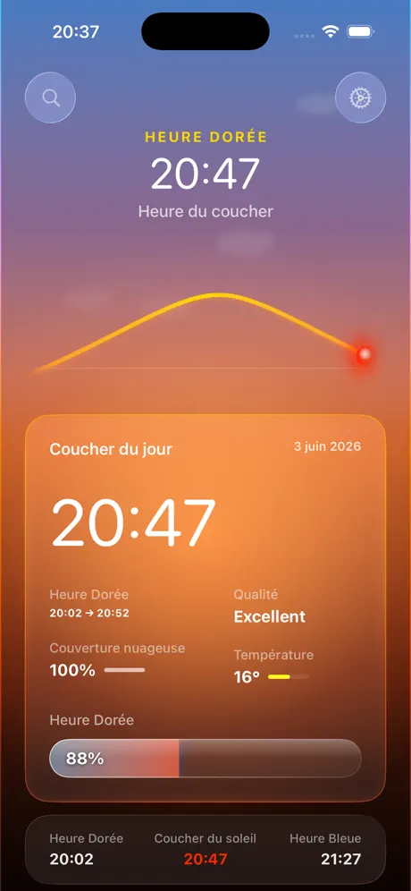 SunForecast on iPhone: tonight's sunset at 20:47, quality rated Excellent, with the golden hour window, cloud cover and temperature.