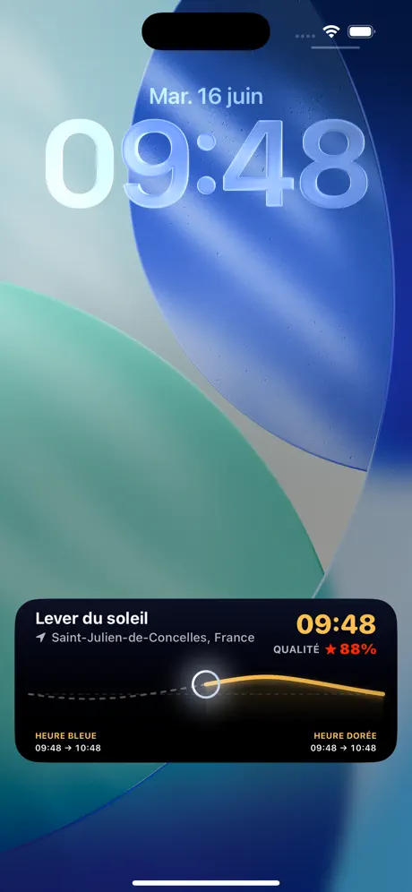 iPhone Lock Screen showing a SunForecast Live Activity for sunrise at 09:48, quality 88 percent, with blue hour and golden hour windows.