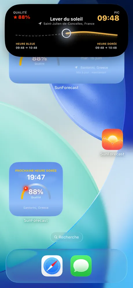 iPhone Home Screen with SunForecast widgets showing the next golden hour at 19:47 rated 88 percent in Santorini, and an expanded Dynamic Island.